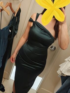 Windsor One-Shoulder Dark Green Satin Midi Dress